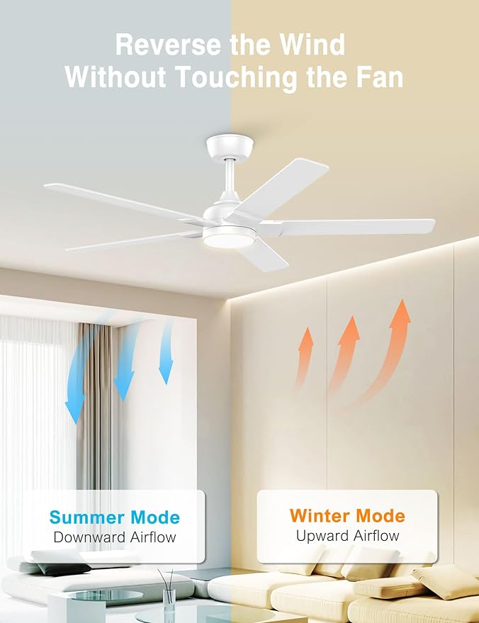DAMINY 52 inch White Ceiling Fans with Lights,5 Blades,3CCT, Low Profile,Remote Control,for Bedroom, Kitchen,Living Room,Indoor/Outdoor Use,Downrod