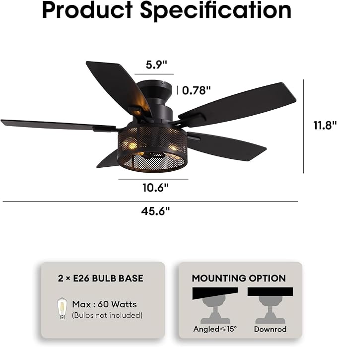 Ceiling Fans with Lights and Remote Control, Ceiling Fan for Bedroom Living Room (Flush Mount 46 in)
