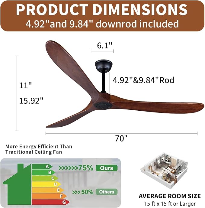 Bigzone 70" Large Ceiling Fan No Light with Remote,3 Blades Dark Brown Solid Wood Big Ceing Fan without Light with Quiet Reversible DC Motor 6-Speeds for Living Room/Dining Room/Garage/Indoor/Outdoor | 6 Speeds Available, Noiseless, fit for Flat/Sloped...