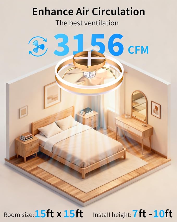 RGB Ceiling Fan with Lights, low profile ceiling fans with lights and remote, Flush Mount LED Fan Light, Modern Bladeless Fandelier for Bedroom Works with APP, 16IN Gold