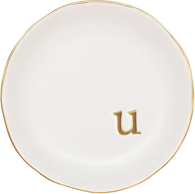COLLECTIVE HOME Ceramic Jewelry Tray, Trinket Dish, Gifts for Women (U) | Mother's Day, Birthday, Christmas, Engagement Gifts, Vanity, Nightstand Decor, Embossed Gold Monogram Ring Dish with Gift Box