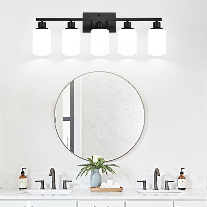 Indoi 5-Light Bathroom Light Fixtures, Matte Black Modern Vanity Lights with Milky White Shades, Bathroom Wall Lamp for Mirror Living Room Cabinet Bedroom Porch