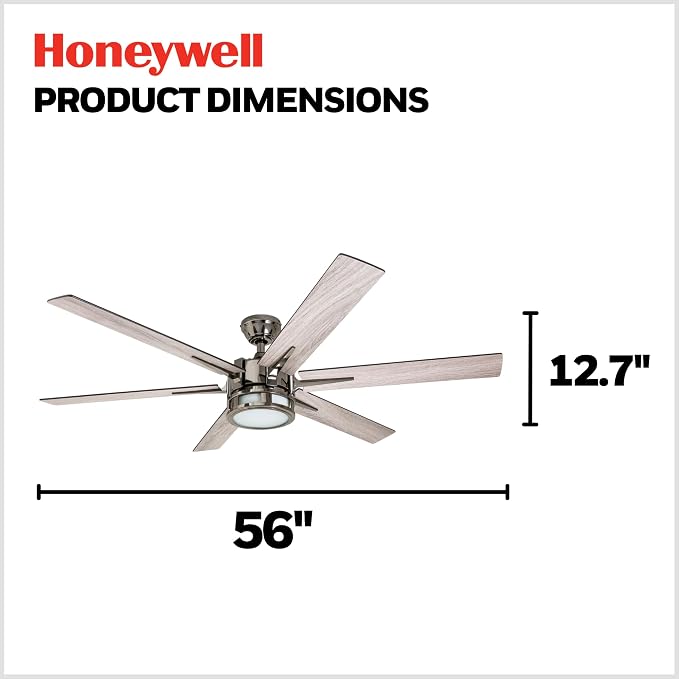 Honeywell Ceiling Fans with Lights, Kaliza LED Indoor Fan w/ 6 Blades, 56 Inch, Gun Metal - Smart Remote-Controlled Fan with Quiet Motor for Home and Bedroom