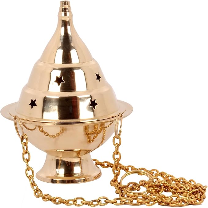 FASHCRAFT Brass Hanging Incense Burner with Chain – Star Cut Design, Antique Finish Loban Dhoop Dani for Home Temple & Puja Room Fragrance – 4.5 Inches Height
