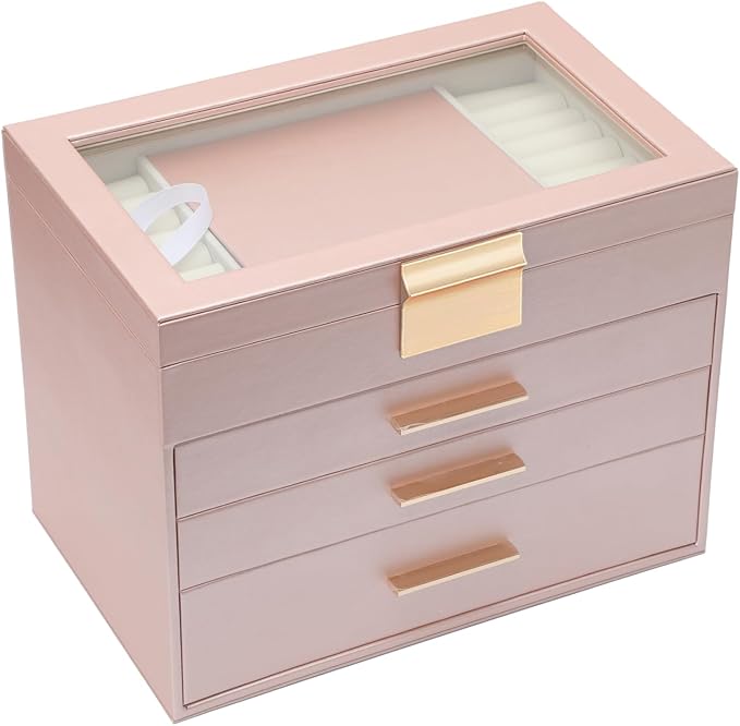 BOOVO Jewelry Boxes for Women, White and Black 6 Layer Large Jewelry Box for Necklace, Bracelet, Earrings, Rings Storage, Jewelry holder Organizer for Girls Gift (Rose gold, 4 layer)