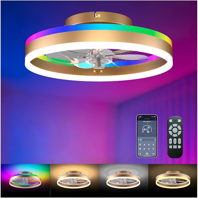 RGB Ceiling Fan with Lights, low profile ceiling fans with lights and remote, Flush Mount LED Fan Light, Modern Bladeless Fandelier for Bedroom Works with APP, 16IN Gold