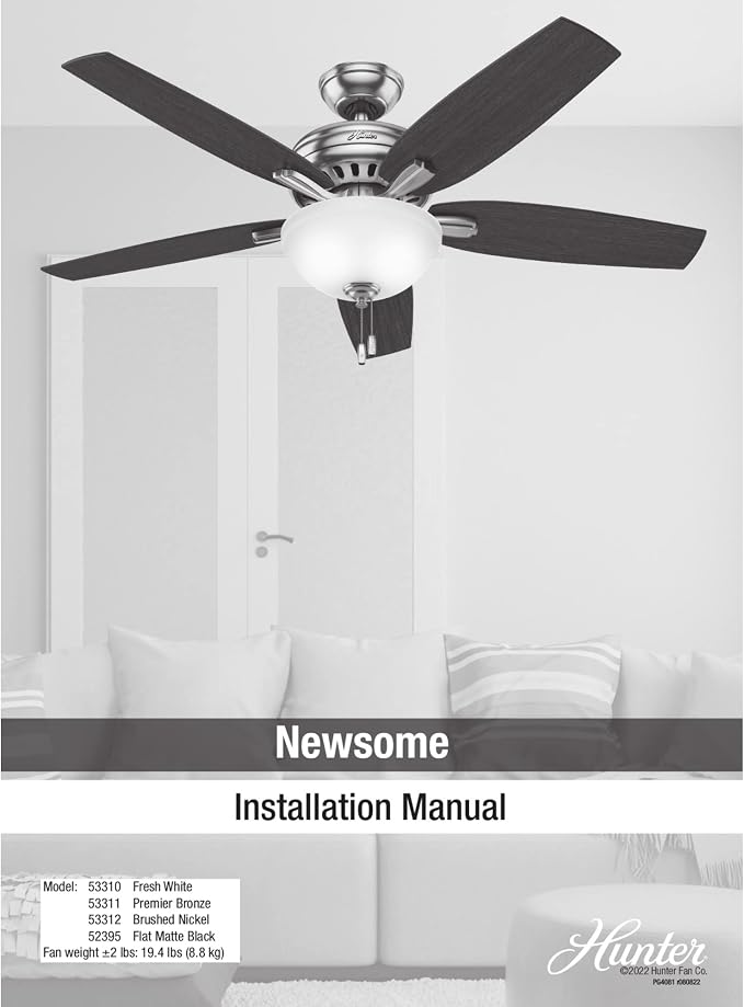 Hunter 52 inch Indoor Ceiling Fan with LED Light - Black Ceiling Fan with Pull Chain, for Bedroom or Living Room, Standard Mount, No Remote, 5 Blades, Includes Bulbs - Newsome 52395, Matte Black | Standard Mount, Pull Chain, 5 Blades, For Bedroom, Livi...
