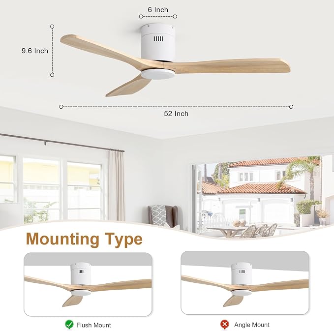 Sofucor Ceiling Fan No Light 52 Inch Flush Mount Ceiling Fan, Quiet Reversible DC Motor, Solid Wood Indoor Outdoor Ceiling Fan with Remote Control, 6-Speed for Bedroom Patio Farmhouse