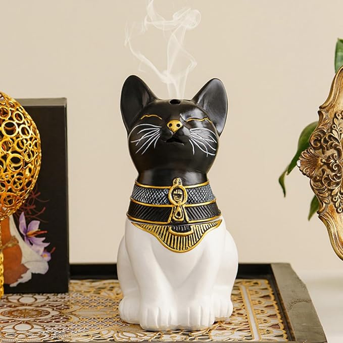 Egyptian Cat Statue Incense Burner, Vintage Resin Meditating Cat Incense Cone Holder, Home Office Aromatherapy Decor for Zen Yoga Spa (Black White)