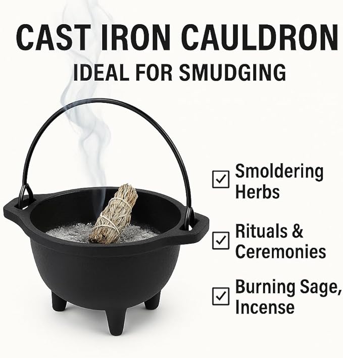 Cast Iron Cauldron w/Handle, Ideal for smudging, Incense Burning, Ritual Purpose, Decoration, Candle Holder (4" Diameter Handle to Handle, 2.5" Inside Diameter)