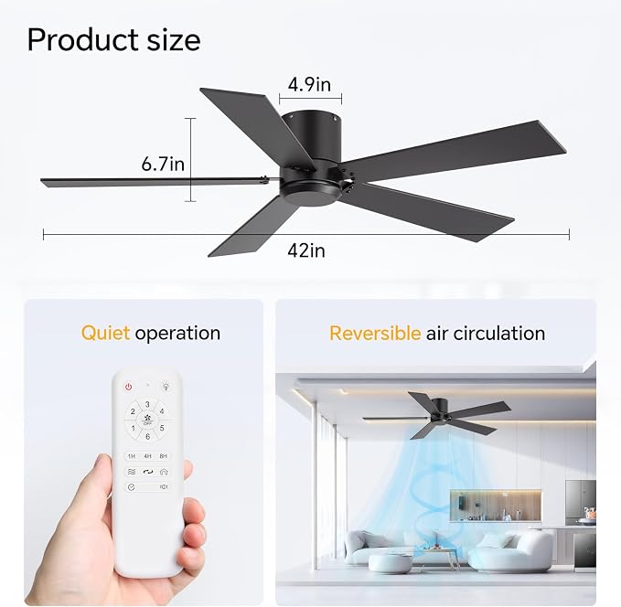 ZYD 2 Pack Ceiling Fan No Light, 42 inch Black Ceiling Fan with Light and Remote Control, Quiet Reversible DC Motor, Noiseless, Ceiling Fan for Bedroom, Farmhouse, Indoor/Outdoor Use