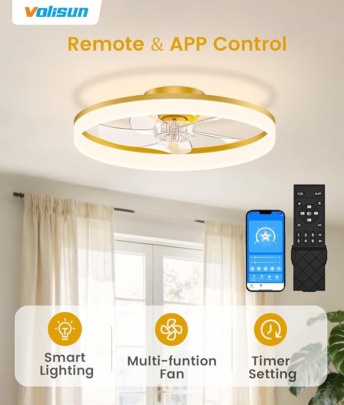 VOLISUN Low Profile Ceiling Fans with Lights and Remote, 20in Fandelier Ceiling Fan Flush Mount, 3000K-6500K Smart Bladeless LED Fan Light, Gold Modern Ceiling Fans with Lights for Bedroom