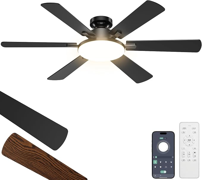 52 Inch Ceiling Fans with Lights, 6 Double Sided Blades, Ultra Quiet Reversible DC Motor, Remote & APP Control, 6 Speeds, 3CCT Dimmable LED with Memory Function, Flush Mount for Living Room, Black
