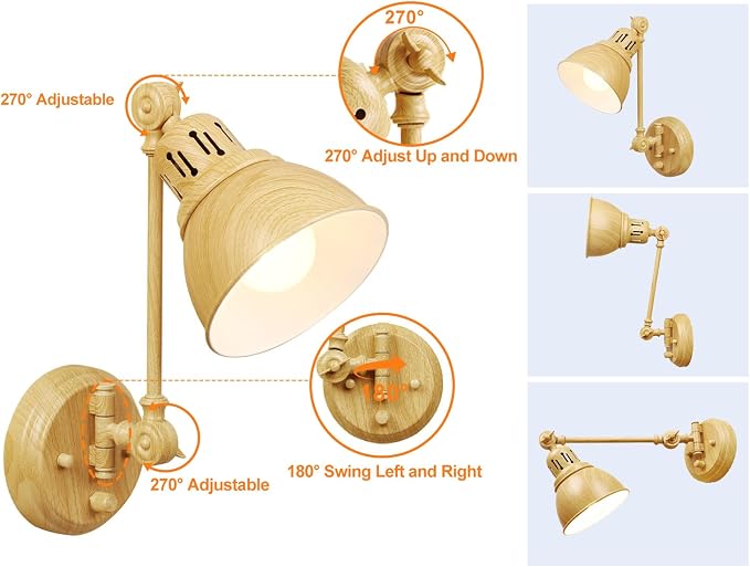 GOODATE 2 Pack Plug in Wall Sconces with Remote Control, Dimming, Adjustable Colors 2700K-6500K, Swing Arm Wall Lamps with Night Light & Timer, Plug-in or Hardwired, LED Bulbs Included, Oak Finish