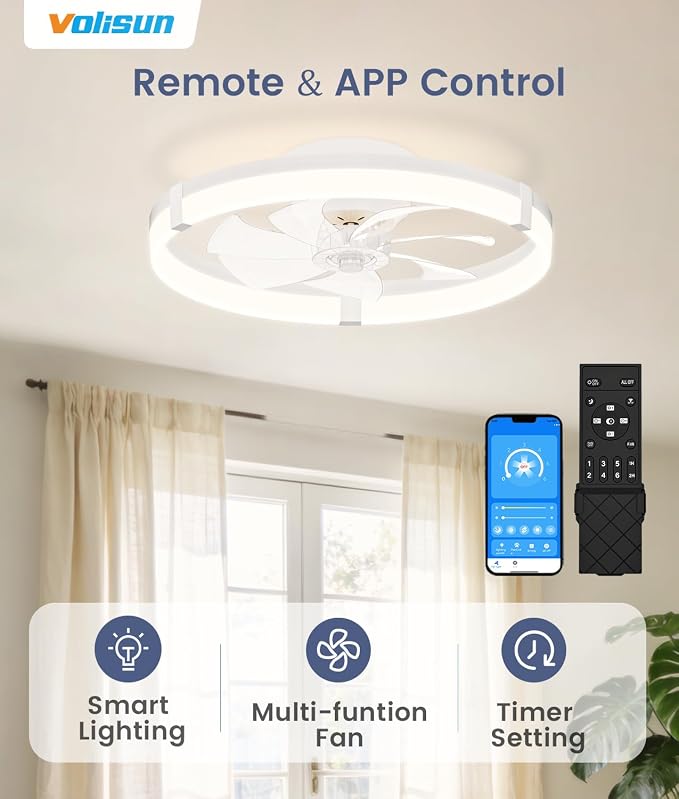 VOLISUN Low Profile Ceiling Fans with Lights and Remote, 20in Flush Mount Ceiling Fans with Light, 3000K-6500K Dimmable Fandelier Ceiling Fan, White Bladeless Ceiling Fan for Bedroom
