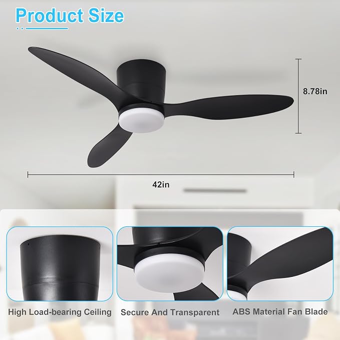 Depuley Flush Mount Ceiling Fan: 42-Inch Black Ceiling Fans with Lights for Bedroom Indoor Outdoor - Low Profile Ceiling Fans with Remote Control 24W 3CCT Dimmable 3 Reversible Black Blades 6 Speeds