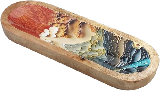 Bless-International Traditional-Handmade-Tray-Burner Wooden-Trat-Incense-Stick-Holder Ash-Catcher-Stand for-Aromatherapy-Meditation-Yoga (Beautiful Mountains, 11x4x1.22 Inches)