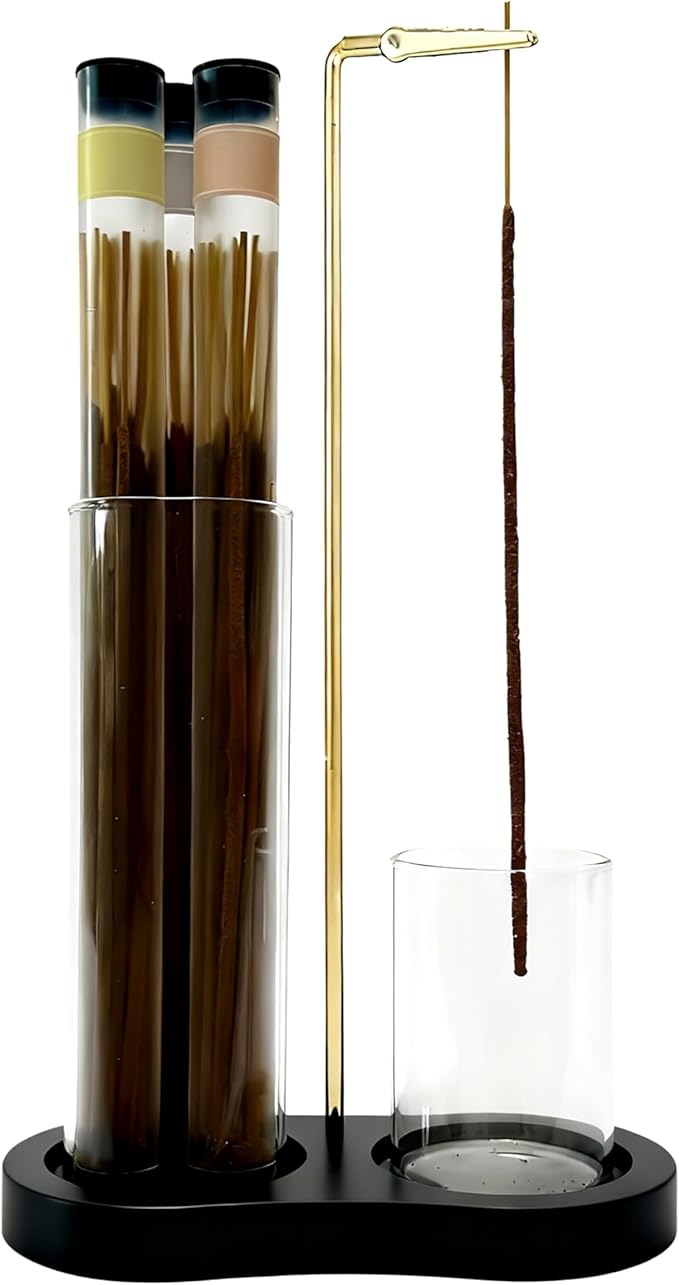 Glass Incense Holder, Incense Sticks Burner Holder with Storage,Hang Upside Down Incense Holder for Sticks with Glass Ash Catcher for Meditation Yoga Spa Room Decor (Black Color)