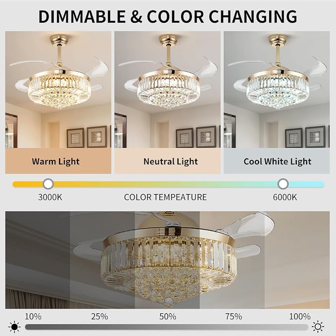 48 Inch Fandelier Ceiling Fans with Light, Chandelier Ceiling Fan, Retractable Crystal Ceiling Fan for Bedroom, Living Room, 3 Color Change, LED Dimmable, 6 Speeds, Reversible DC Motor-Gold