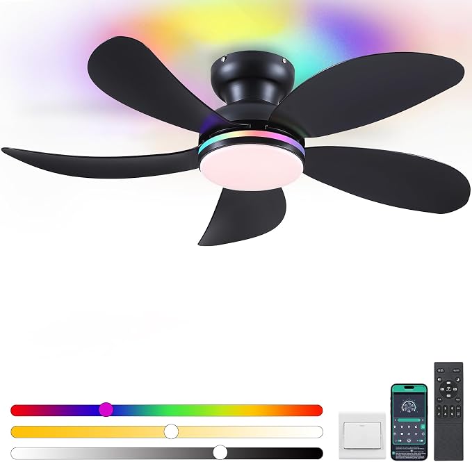 PHORUS 42" Black Modern Low Profile RGB Ceiling Fans with Lights and Remote | 14 RGB Modes,Supports Remote and APP,6 Wind Speeds, Reversible, Dimmable 3 CCT LED, 30W DC Motor,Suits for Bedroom Kidsroom