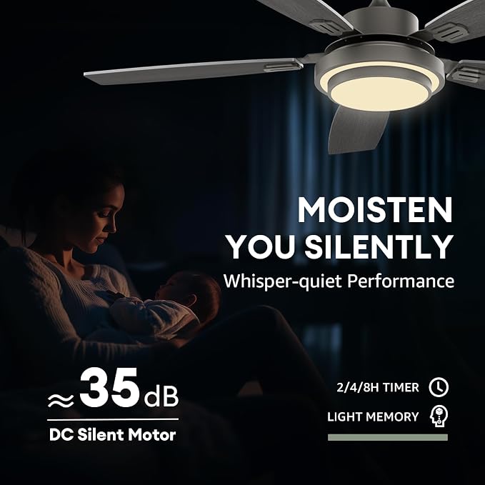 52 Inch Ceiling Fans with Lights and Remote Control, Ceiling Fan for Bedroom Living Room and Patio, Medium Grey Ceiling Fan for Indoor and Outdoor
