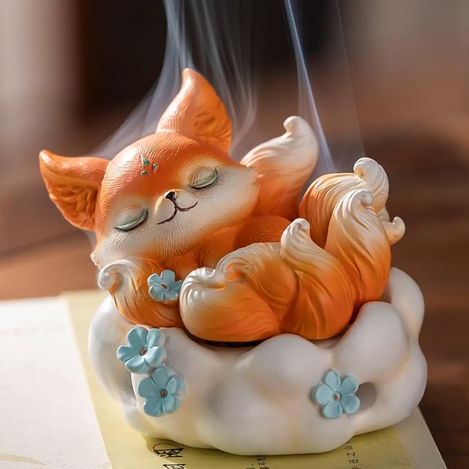 Cute Nine-Tailed Fox Decorative Incense Holder, Resin Sleeping Fox Figurine Cone Coil Incense Burner with Lid, Ash Catcher for Yoga Meditation Spa Home Office Aromatherapy Decor (Orange)