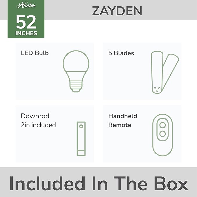 Hunter Zayden, Indoor, Ceiling Fan, Standard Mount, 52 inch, Matte Silver | with LED Light and Remote Control, Quiet, 5 Blades, For Bedroom, Living Room, Kitchen, 51696
