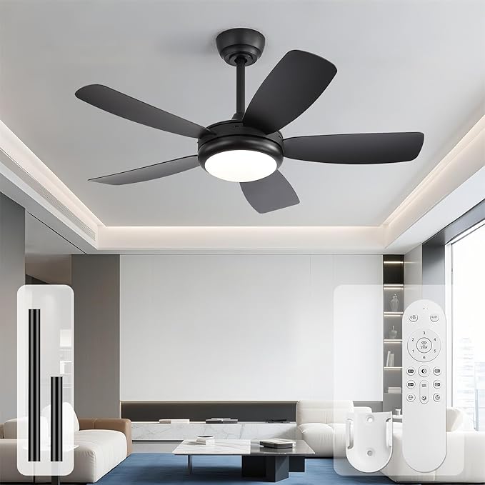 Sofucor 42 Inch Ceiling Fans with Lights-Modern Black Small Bedroom Ceiling Fan with Remote Control, Plug-in Blades Quick Install, Quiet DC Motor,Outdoor ABS Ceiling Fan for Kitchen/Living Room/Patios