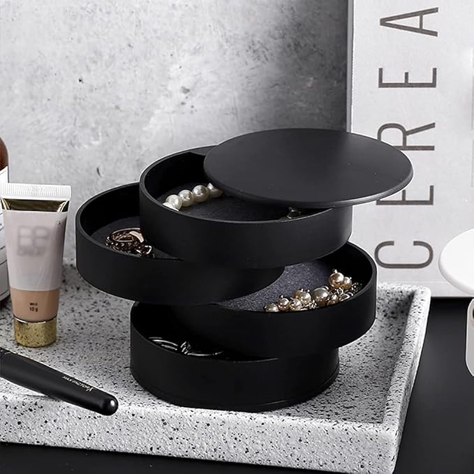 Jewelry Organizer Small Jewelry Storage Box 4-Layer Rotating Travel Jewelry Tray Holder for Women Bracelets Rings Bracelets Earrings (Black)