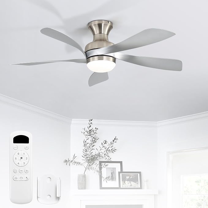 Sofucor 42 Inch Low Profile Ceiling Fan with Light, Flush Mount Outdoor Ceiling Fan with Remote for Farmhouse Bedroom Living Room Patio, Dimmable LED High Airflow Quiet Reversible DC Motor