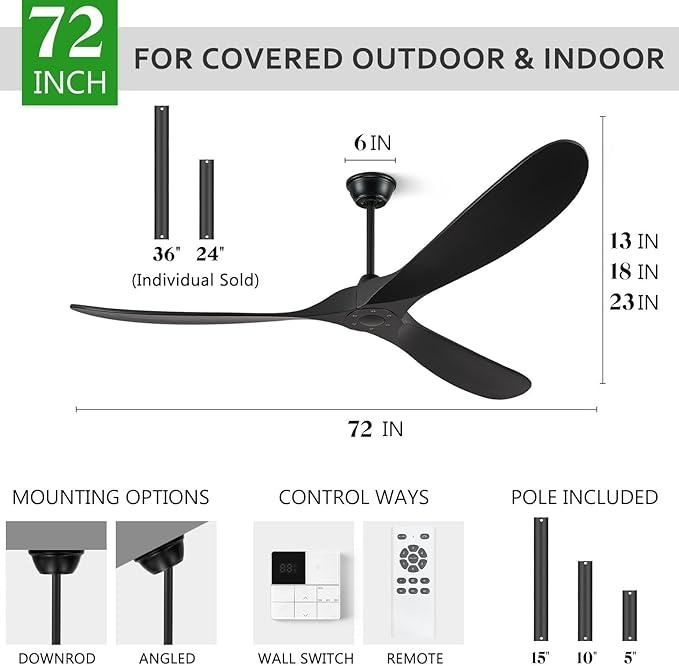 Eliora 72 Inch Ceiling Fan With Remote And Wall Switch,Large Wood Ceiling Fan Without Light 3 Blades,Outdoor Ceiling Fans 6 Speed,Quiet DC Motor for Patios-Black