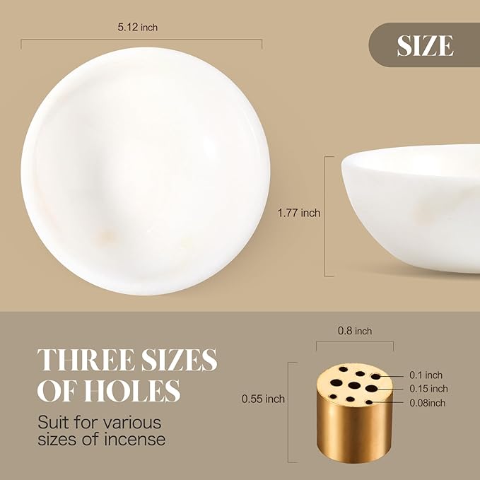 Koville Natural Marble Incense Holder, Incense Holder for Sticks with 9 Holes, Handmade Incense Burner Ash Catcher for Meditation Yoga SPA, Balsam Fir/Palo Santo/Sage/Cone (White)