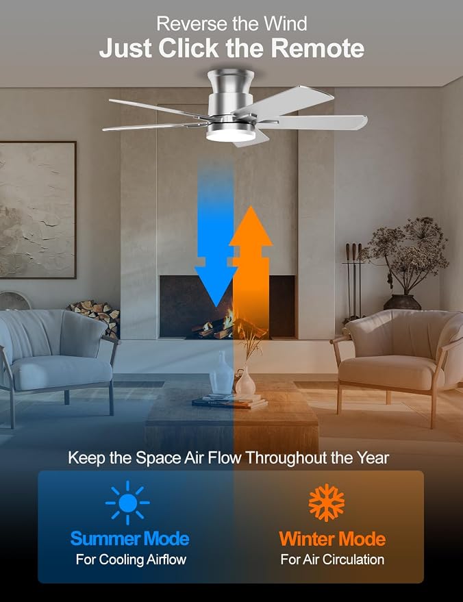 Flush Mount Ceiling Fans with Lights 42 Inch, Remote Control, 3CCT Dimmable, 6 Speeds, Noiseless Reversible DC Motor, Low Profile Silver Nickel Ceiling Fan for Living Room, Patio, Indoor/Outdoor, ETL