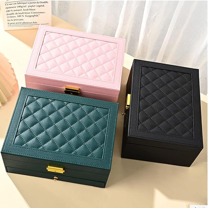 GUOER Jewelry Organizer Box for Women - Large PU Leather Jewelry Organizer Storage Case with Two Layers Display for Earrings Bracelets Rings Watches (Pink) | Vintage Quilting Stitching PU Leather, Earrings Bracelets Rings Necklace Watches Storage Large...