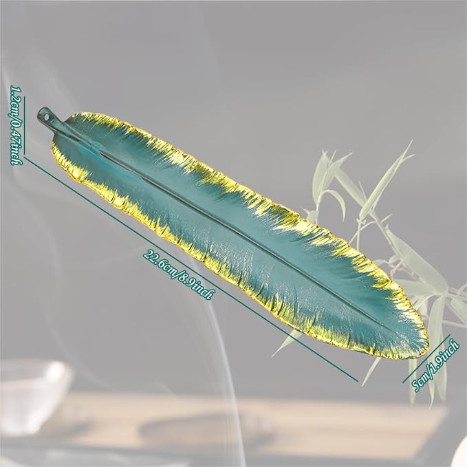 Incense Stick Holder Burner Ceramic Green Feather, Incense Burner Ash Catcher 9 Inch Handmade Incense Tray Meditation, Yoga, Home/Office Decor, Spa Relaxation (Green)
