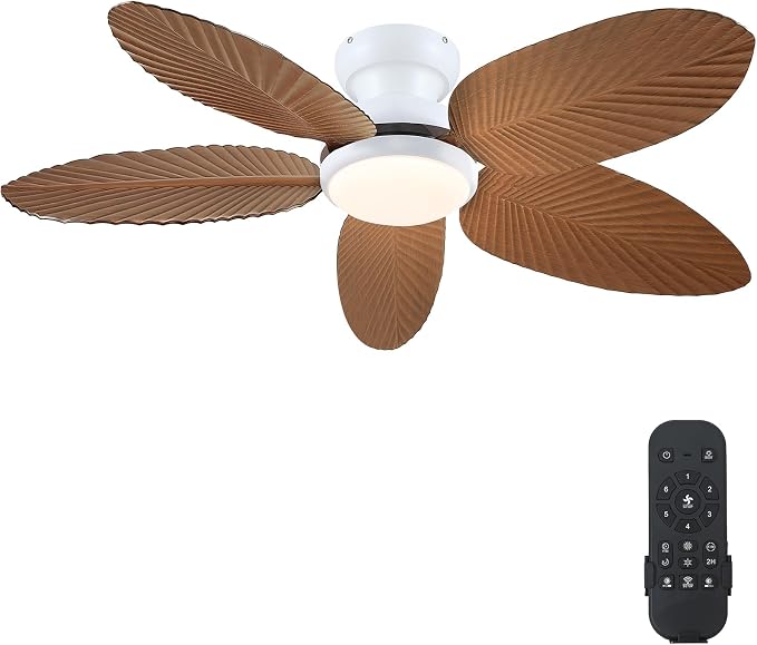 Kviflon Tropical Ceiling Fans with Lights and Remote/APP Control, 45 Inch Low Profile Flush Mount Ceiling Fans, Palm Leaf Ceiling Fan with Light for Bedroom Patios Porch Outdoor, Wood Grain