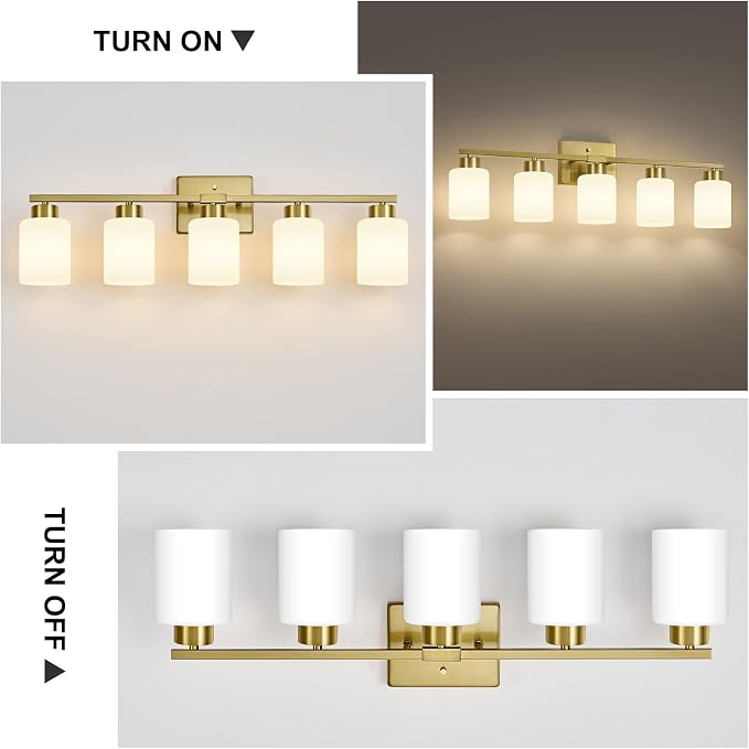 FonmYim Brushed Gold Bathroom Light Fixtures, 5-Light Modern Vanity Light Over Mirror, Wall Sconces with Milky White Frosted Glass Shades, E26 Socket (Bulbs Not Included)