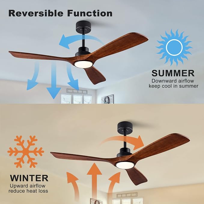 QUTWOB 52" Wood Ceiling Fan with Light, Reversible DC Motor, Remote Control | solid wood blades, quiet 6-speed reversible dc motor, remote control, dimmable 3-color led, for indoor outdoor bedroom patio