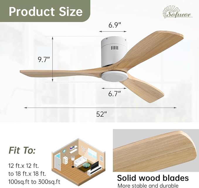 Sofucor 52 Inch Low Profile Ceiling Fans No Light, Modern Flush Mount Solid Wood Ceiling Fan with Airflow 5000CFM, Quiet DC Motor, 6 Speeds, Timer & Reversible for Bedroom Living Room,ETL,Natural Wood