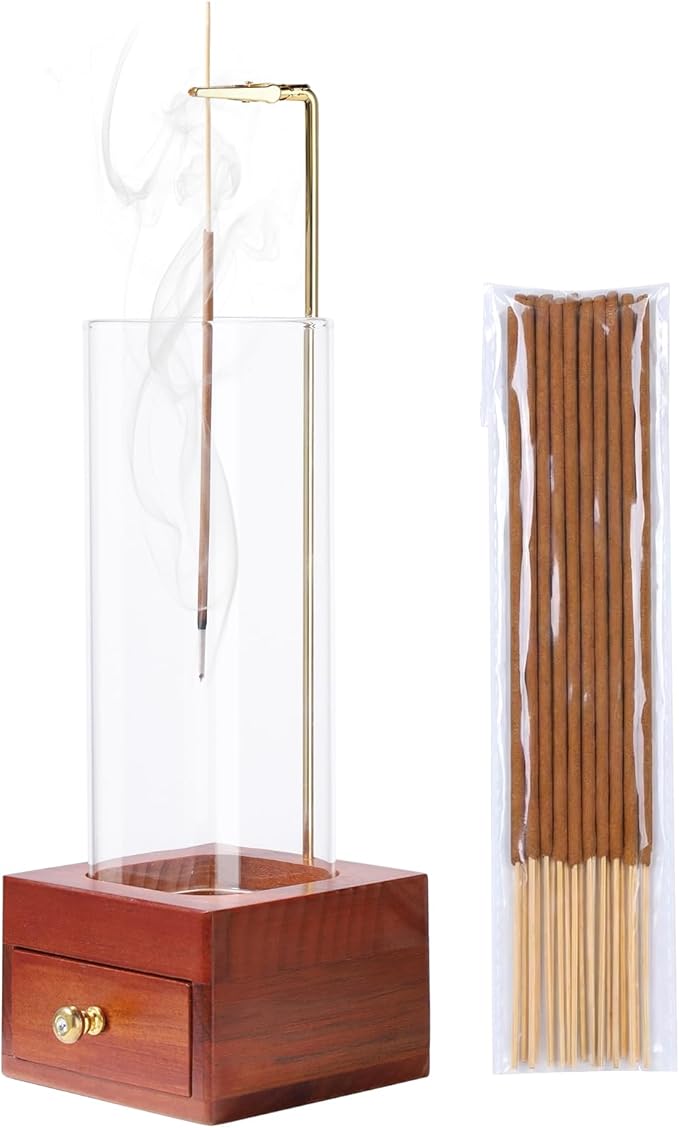 Wooden Incense Holder for Sticks with Drawer,Windproof Glass Tube, Fireproof Stainless Steel Base, Wood Incense Burner for Meditation, Yoga, and Spa (20 Sticks Included)