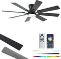 JSAITEE 52 inch Ceiling Fan with Light, 6 Speeds Reversible Low Profile Ceiling Fan with Light and Remote/APP Control, 3 Color Temp+Dimmable RGB, 8 Blades, Flush Mount Quiet Ceiling Fans, Black