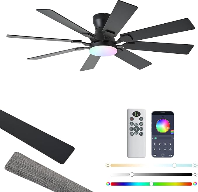 JSAITEE 52 inch Ceiling Fan with Light, 6 Speeds Reversible Low Profile Ceiling Fan with Light and Remote/APP Control, 3 Color Temp+Dimmable RGB, 8 Blades, Flush Mount Quiet Ceiling Fans, Black