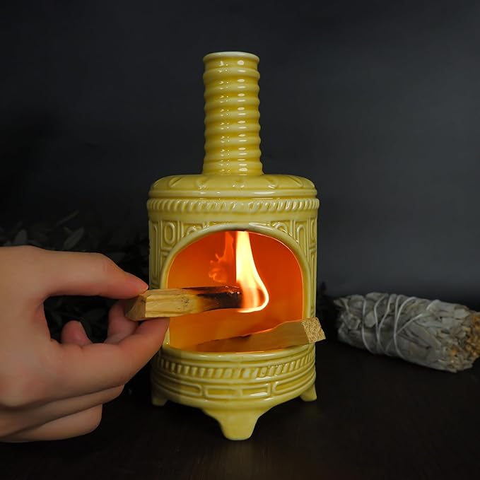 MOUGIGI Yellow Ceramic Palo Santo Burner Holder - Purpose for Palo Santo Sticks, Sage Smudge Sticks & Incense Cones Burning – Ideal for Energy Cleansing, Yoga, Meditation & with Unique Chimney Design