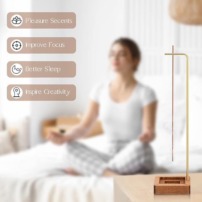 Treela 2 Sets Incense Holder for Sticks, Wooden Modern Upside Down Insence Stick Holder Burner Ash Catcher Handmade Round Tray Stand with Mat for Home Office Table Decor Yoga Spa Mediation Zen