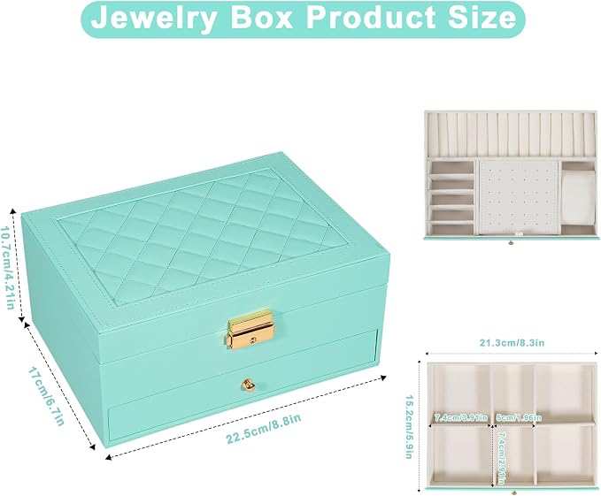 GUOER Jewelry Box for Women Girls, Two Layers Jewelry Organizer (Teal) | Vintage Quilting Stitching PU Leather, Earrings Bracelets Rings Necklace Watches Storage Large Jewellery Holder Case Gifts