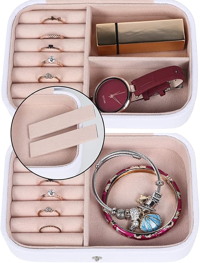 Hatori Travel Jewelry Box, PU Leather Small Jewelry Organizer for Women Girls, Double Layer Portable Mini Travel Case Display Storage Holder Boxes for Stud Earrings, Rings (White Beige)