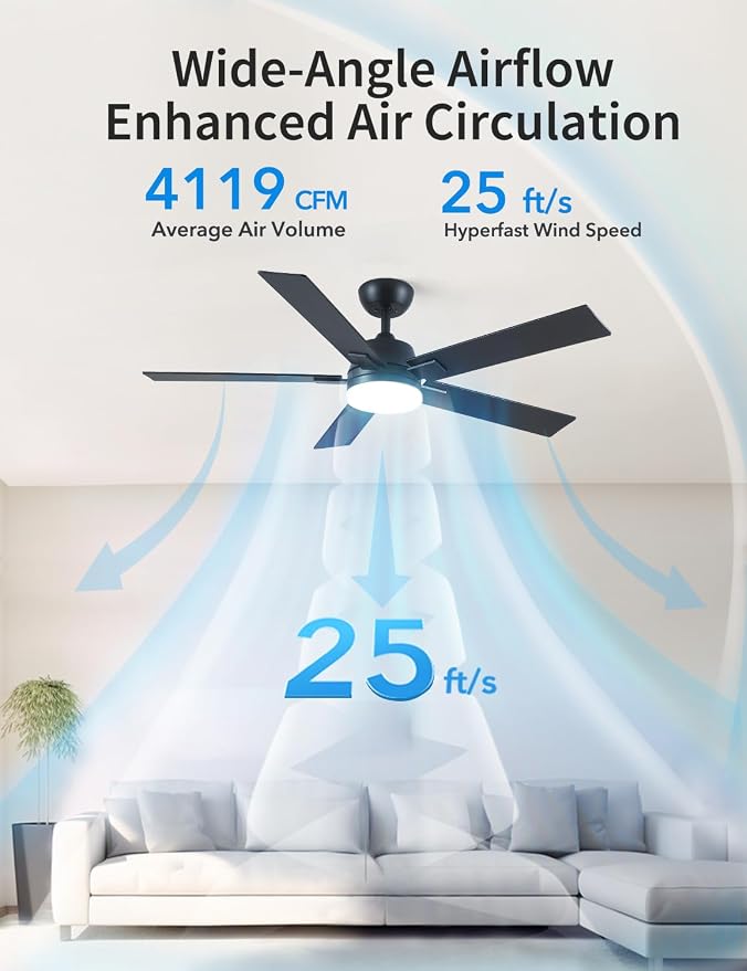 Rayqueen 52 Inch Black Ceiling Fans with Lights and Remote,Includes Downrod | 6 Speed Reversible DC motor,3-color temperature dimmable LED.For indoor/covered outdoor.Modern style for bedroom room