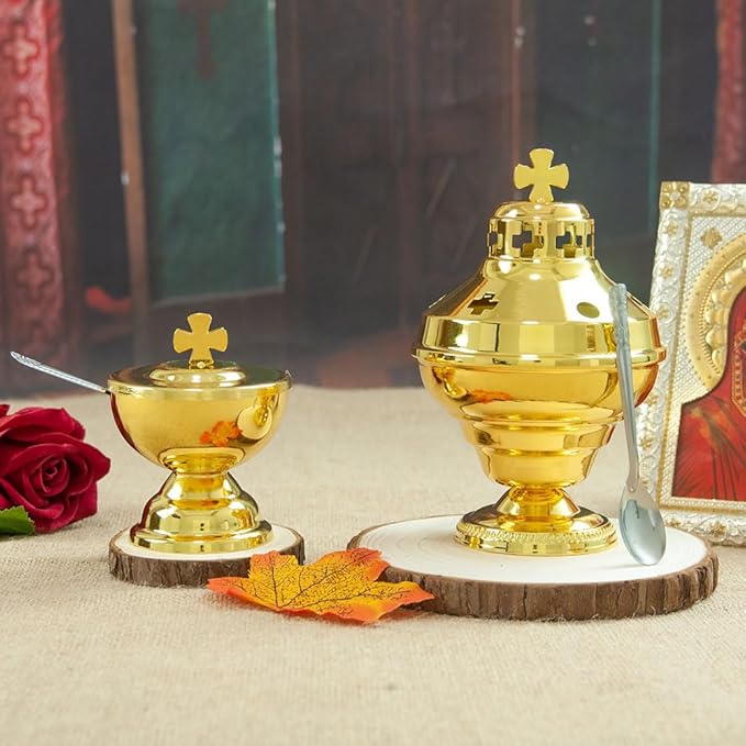 Orthodox Church Mass Supplies Greek Style Incense Burner Holy Grail with Spoon Religious Gift Altar Decoration (Holy Grail)