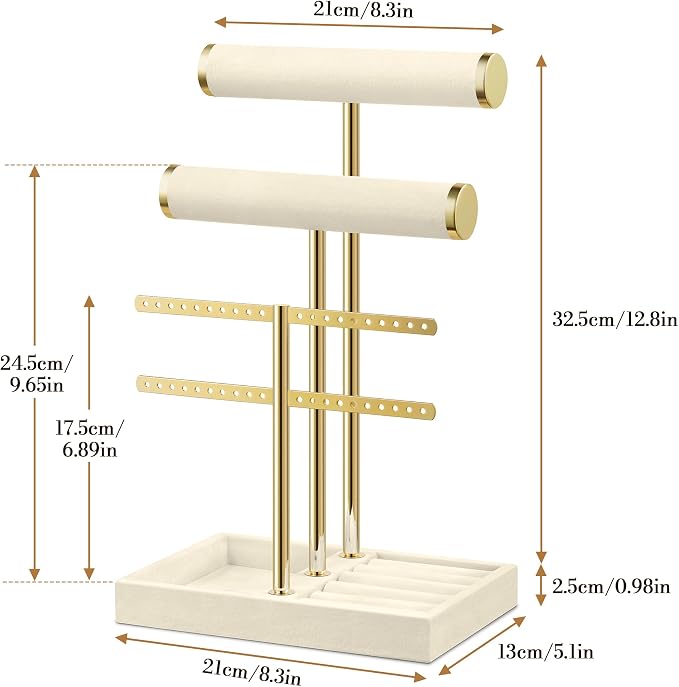 Bracelet Holder Jewelry Organizer Display - 3 Tier T Bar Velvet Stand, Beige Jewelry Storage for Bracelet, Necklaces, Earrings, Rings, Watches