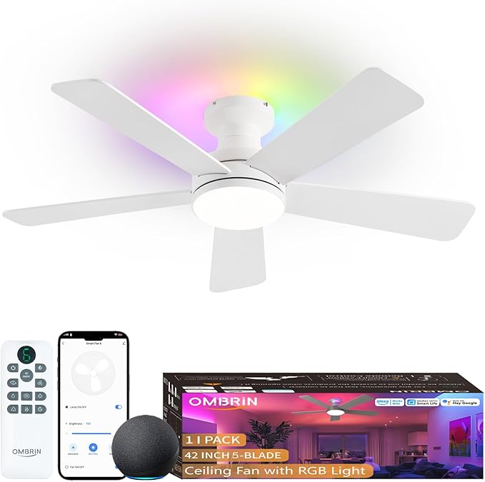 42 Inch Ceiling Fans with Lights, Smart Ceiling Fan with Alexa Google App, White Ceiling Fan with RGB Lights Remote, 6 Speeds Reversible DC Motor, Modern Flush Mount for Bedroom Living Room